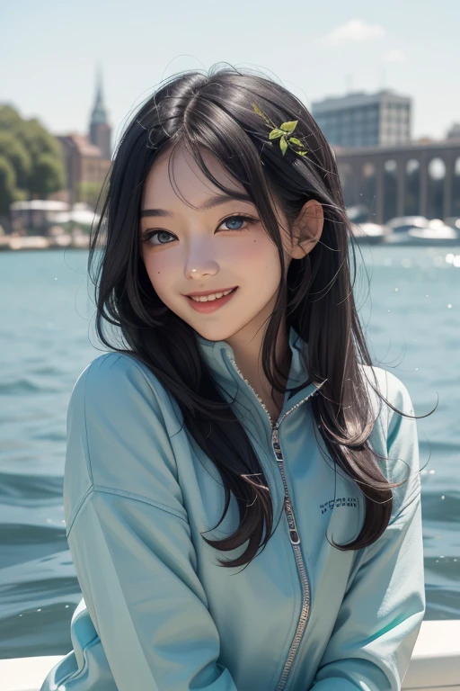 long straight black hair, greenish blue eyes, small mouth, small-nose, attractive and contagious smile, Sweet and shy, regatta