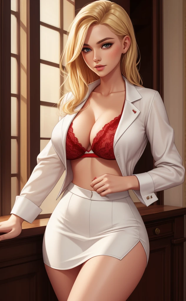 white silk shirt, deep v neck, business suit, , red lace bra, blonde, skirt