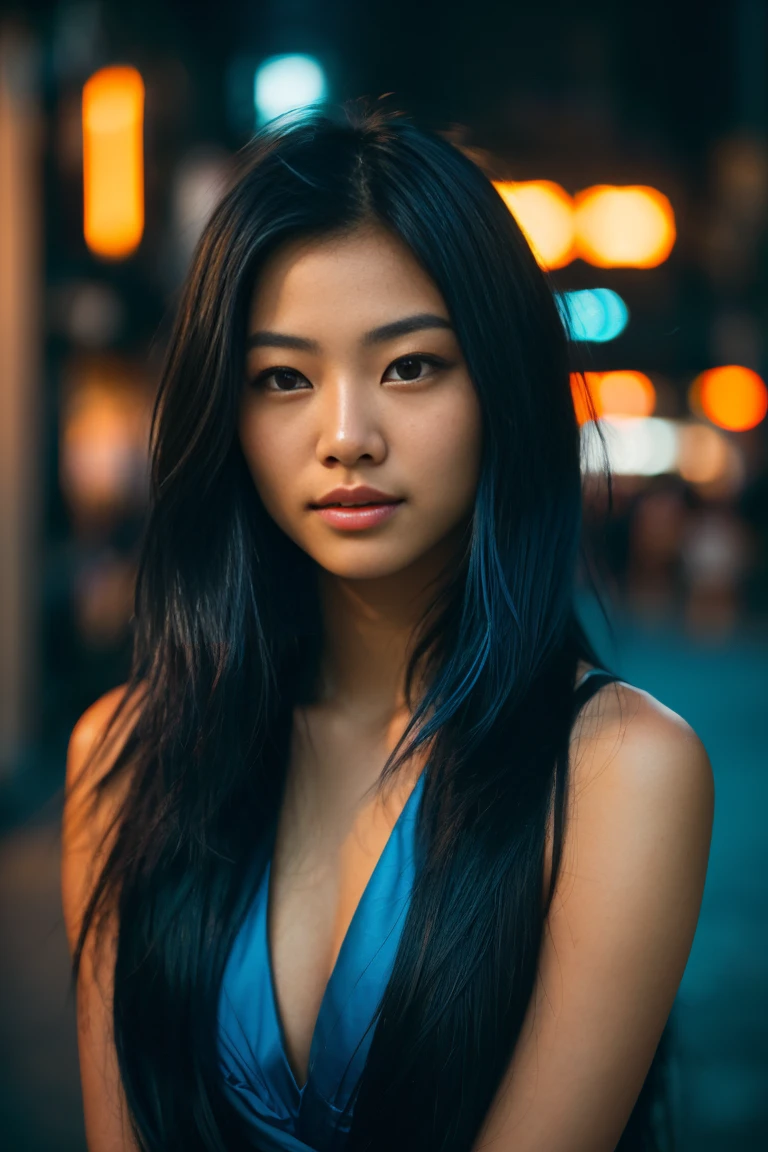 arafed woman with long black hair with blue high lighs sitting on the beach, flowing black hair, with black hair (((with blue high lights))), photo of a beautiful woman, long flowing blck hair, pink golden hour, curly black hair, beautiful young asian woman, beautiful asian woman, wild ginger hair, pink wispy hair, light pink hair, a young asian woman, an asian woman, infp young woman, Portrait photo of a 24-year-old french girl in RAW UHD format (Brown-eyed woman) Walk down the dark alley, night city, Details (textures! , Hair! , glistering, Color!! , imperfections: 1.1), highly detailed glossy eyes (looking at the camera), DSLR Lighting, SLR camera, Ultra-Quality, sharpness, Depth of field, Film grain (Downtown), Fujifilm XT3, Crystal clear, Frame Center, beatiful face, sharp-focus, neon lighting, bokeh (dimly lit), night time, (night sky), detailed skin pores, oilly skin, suntan, Complex eye details, (((beautiful face))), 