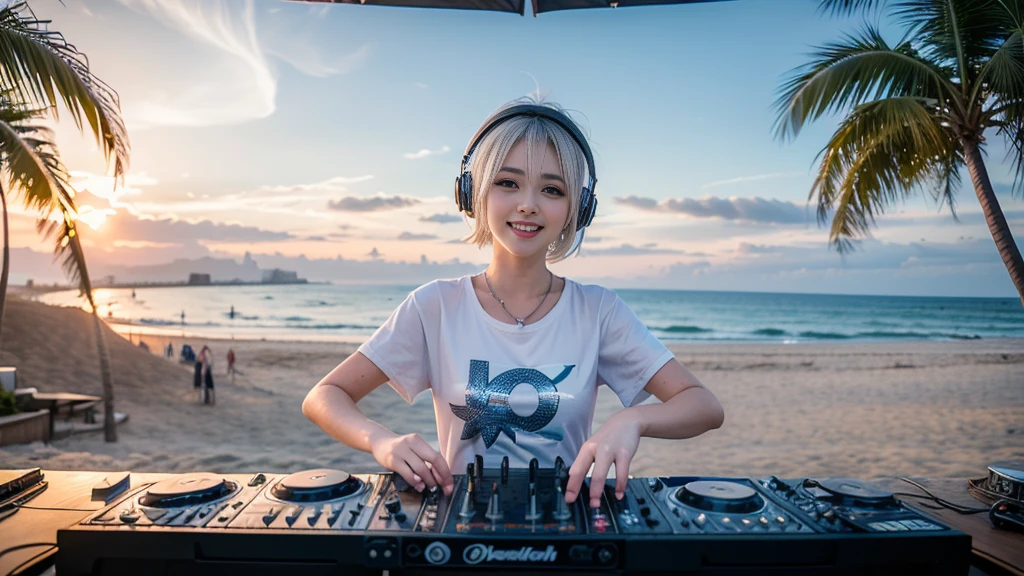 (ultra - detailed, 16K resolution, Cinema lenses, rendering by octane), (high resolution:1.18), intricate detail, (masterpiece:1.1), (highest quality:1.1), (1girl, portrait, white hair, blue eyes, short hair, detailed eyes),Wearing silver DJ headphones, sequined T-shirt, (in the beach:1.5), (Iconic hip-hop pop costumes:1.3), Smile while DJing on stage, DJ studio next to the beach, ((A stylish DJ stage on a hill overlooking the beach)), full body shot, Photorealistic photography by Sunshine, (cute round face:1.3), perfect fingers, five fingers, beautiful hands, perfect hands. master peace, cute smile.