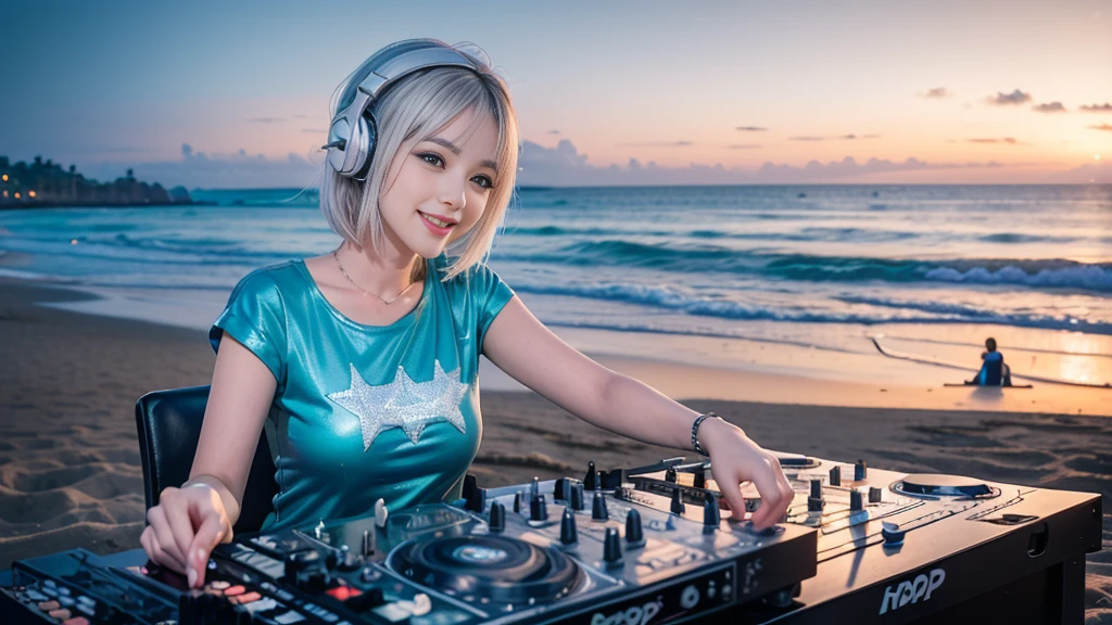 (ultra - detailed, 16K resolution, Cinema lenses, rendering by octane), (high resolution:1.18), intricate detail, (masterpiece:1.1), (highest quality:1.1), (1girl, portrait, white hair, blue eyes, short hair, detailed eyes),Wearing silver DJ headphones, sequined T-shirt, (in the beach:1.5), (Iconic hip-hop pop costumes:1.3), Smile while DJing on stage, DJ studio next to the beach, ((A stylish DJ stage on a hill overlooking the beach)), full body shot, Photorealistic photography by Sunshine, (cute round face:1.3), perfect fingers, five fingers, beautiful hands, perfect hands. master peace, cute smile.