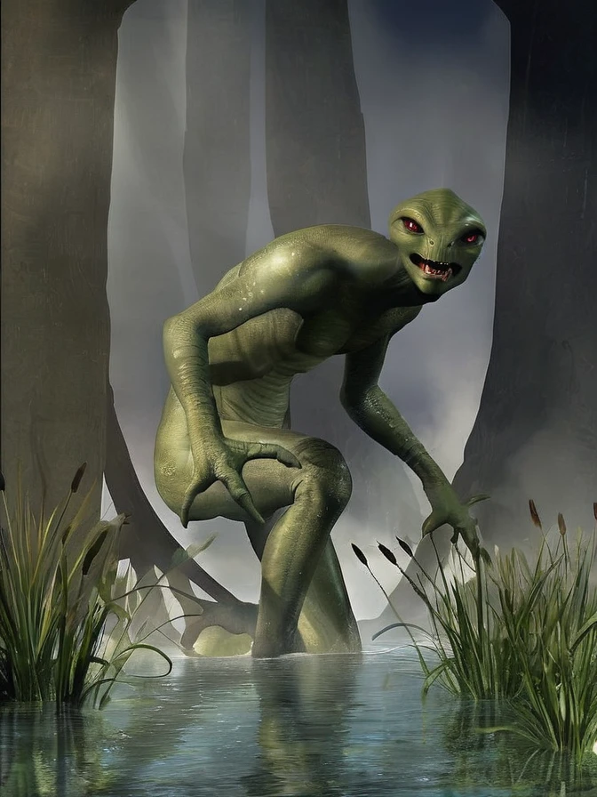 repitilian, alien, with three fingers, without tail, strong legs, fragile arms, 3 to 4 meters tall