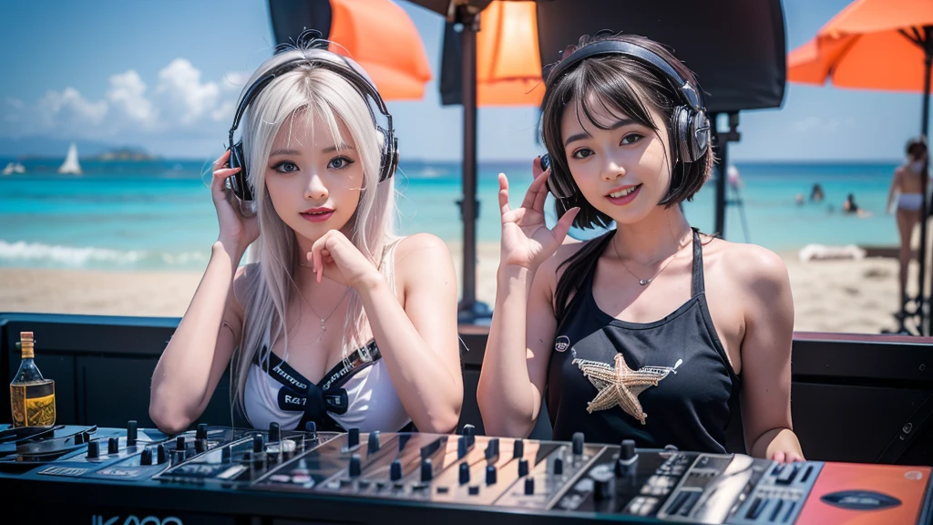 (ultra - detailed, 16K resolution, Cinema lenses, rendering by octane), (high resolution:1.18), intricate detail, (masterpiece:1.1), (highest quality:1.1), (1girl, portrait, white hair, blue eyes, short hair, detailed eyes),Wearing silver DJ headphones, sequined T-shirt, (in the beach:1.5), (Iconic hip-hop pop costumes:1.3), Smile while DJing on stage, DJ studio next to the beach, ((A stylish DJ stage on a hill overlooking the beach)), full body shot, Photorealistic photography by Sunshine, (cute round face:1.3), perfect fingers, five fingers, beautiful hands, perfect hands. master peace, cute smile.