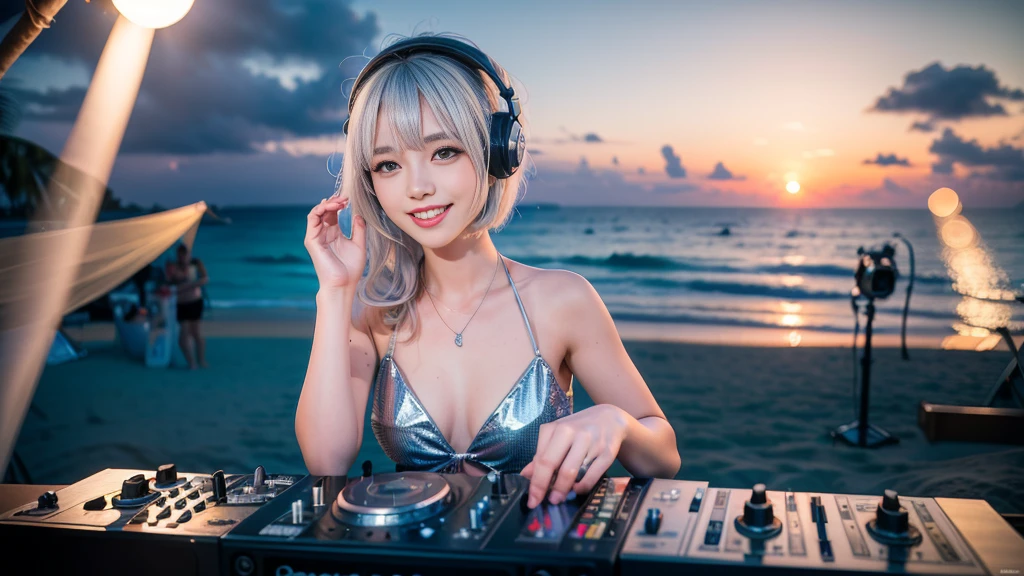 (ultra - detailed, 16K resolution, Cinema lenses, rendering by octane), (high resolution:1.18), intricate detail, (masterpiece:1.1), (highest quality:1.1), (1girl, portrait, white hair, blue eyes, short hair, detailed eyes),Wearing silver DJ headphones, sequined T-shirt, (in the beach:1.5), (Iconic hip-hop pop costumes:1.3), Smile while DJing on stage, DJ studio next to the beach, ((A stylish DJ stage on a hill overlooking the beach)), full body shot, Photorealistic photography by Sunshine, (cute round face:1.3), perfect fingers, five fingers, beautiful hands, perfect hands. master peace, cute smile.