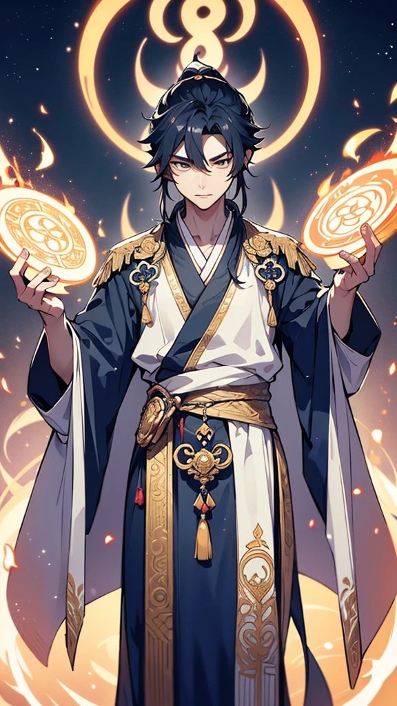 The protagonist of "Otherworldly Life Assistant God" is a young man in his early twenties, exuding an aura of calm confidence and sharp intellect. He possesses striking, well-defined facial features, with keen, deep-set eyes that seem to hold the wisdom of another world. His hair is long, jet black, and tied in a loose ponytail that drapes elegantly down his back.
He is dressed in traditional Chinese Hanfu attire, featuring flowing robes in shades of deep blue and silver. The robes are adorned with intricate patterns of dragons and celestial motifs, symbolizing his connection to the divine and the mystical. The wide sleeves of his robes flow gracefully, and a white silk sash cinches his waist, from which a small, ornate pouch and a glowing jade pendant dangle.
In one hand, he holds an ancient, mystical scroll, with glowing runes inscribed on its surface, hinting at his extensive knowledge and his role as an assistant to the gods. His other hand is raised, conjuring a swirl of ethereal light and magical symbols that orbit around him, demonstrating his mastery of supernatural powers.
The background should depict a tranquil, mystical landscape inspired by traditional Chinese art. Towering mountains shrouded in mist, A serene, star-filled sky, and floating islands in the distance create an enchanting, otherworldly atmosphere. The overall aspect ratio should be 9:16 to fit a wallpaper format.