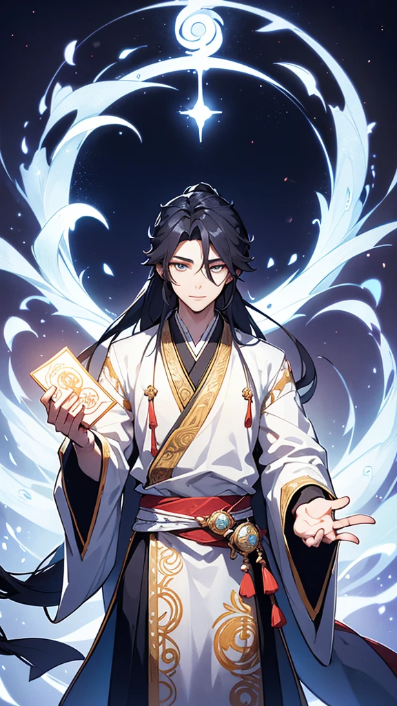 

The protagonist of "Otherworldly Life Assistant God" is a young man in his early twenties, exuding an aura of calm confidence and sharp intellect. He possesses striking, well-defined facial features, with keen, deep-set eyes that seem to hold the wisdom of another world. His hair is long, jet black, and tied in a loose ponytail that drapes elegantly down his back.

He is dressed in traditional Chinese Hanfu attire, featuring flowing robes in shades of deep blue and silver. The robes are adorned with intricate patterns of dragons and celestial motifs, symbolizing his connection to the divine and the mystical. The wide sleeves of his robes flow gracefully, and a white silk sash cinches his waist, from which a small, ornate pouch and a glowing jade pendant dangle.

In one hand, he holds an ancient, mystical scroll, with glowing runes inscribed on its surface, hinting at his extensive knowledge and his role as an assistant to the gods. His other hand is raised, conjuring a swirl of ethereal light and magical symbols that orbit around him, demonstrating his mastery of supernatural powers.

The background should depict a tranquil, mystical landscape inspired by traditional Chinese art. Towering mountains shrouded in mist, A serene, star-filled sky, and floating islands in the distance create an enchanting, otherworldly atmosphere. The overall aspect ratio should be 9:16 to fit a wallpaper format.

