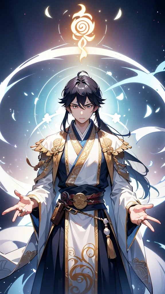 The protagonist of "Otherworldly Life Assistant God" is a young man in his early twenties, exuding an aura of calm confidence and sharp intellect. He possesses striking, well-defined facial features, with keen, deep-set eyes that seem to hold the wisdom of another world. His hair is long, jet black, and tied in a loose ponytail that drapes elegantly down his back.
He is dressed in traditional Chinese Hanfu attire, featuring flowing robes in shades of deep blue and silver. The robes are adorned with intricate patterns of dragons and celestial motifs, symbolizing his connection to the divine and the mystical. The wide sleeves of his robes flow gracefully, and a white silk sash cinches his waist, from which a small, ornate pouch and a glowing jade pendant dangle.
In one hand, he holds an ancient, mystical scroll, with glowing runes inscribed on its surface, hinting at his extensive knowledge and his role as an assistant to the gods. His other hand is raised, conjuring a swirl of ethereal light and magical symbols that orbit around him, demonstrating his mastery of supernatural powers.
The background should depict a tranquil, mystical landscape inspired by traditional Chinese art. Towering mountains shrouded in mist, A serene, star-filled sky, and floating islands in the distance create an enchanting, otherworldly atmosphere. The overall aspect ratio should be 9:16 to fit a wallpaper format.