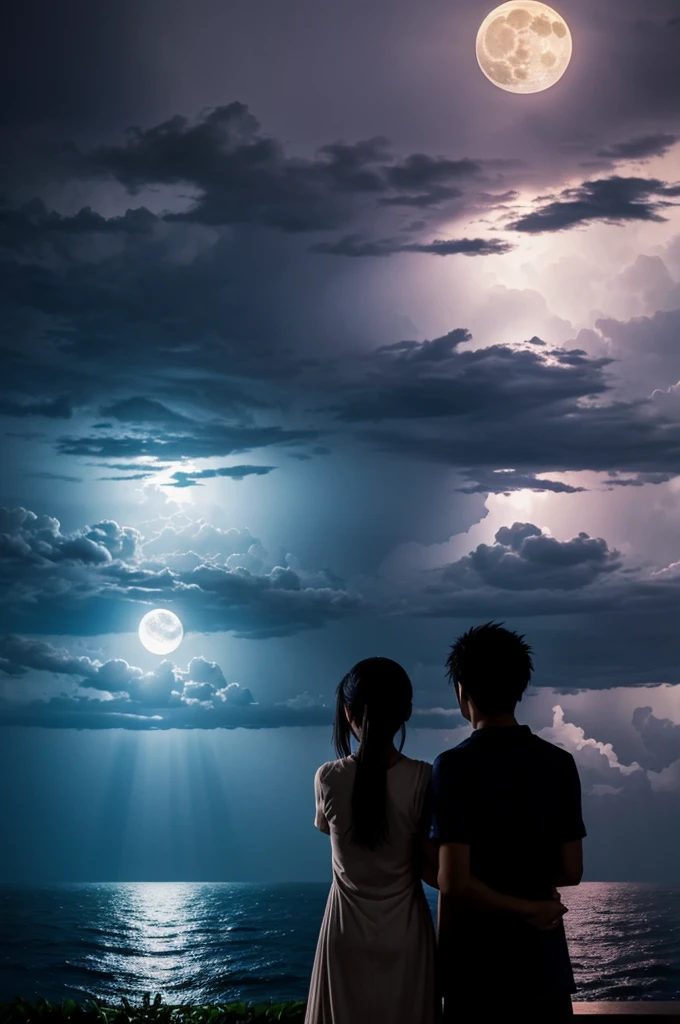 Image 2:
On the night of a full moon, both people watch in amazement an unexpected raging rain storm..
ANIME