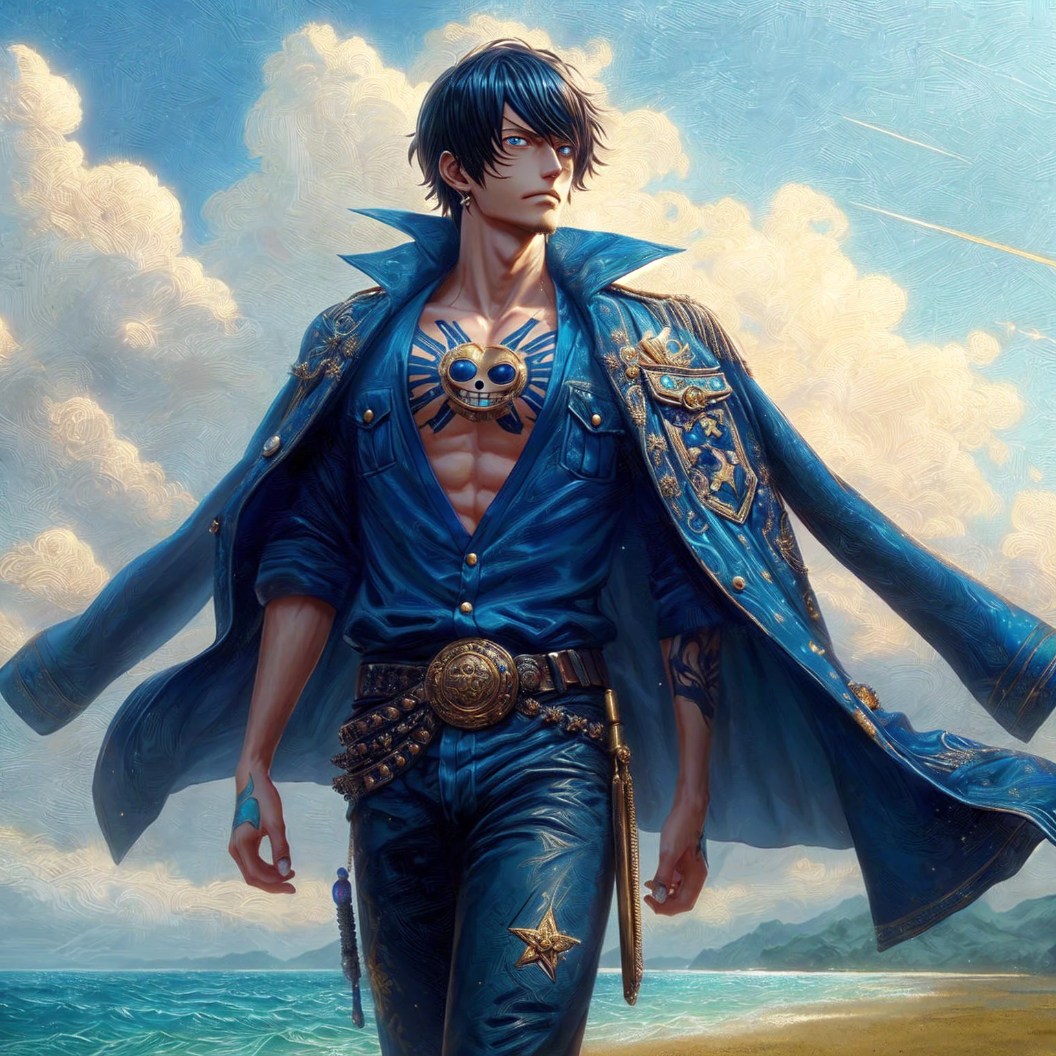 one piece Law , Looks like Law one piece , Fine gold jewelry , , ,realistic anime ,