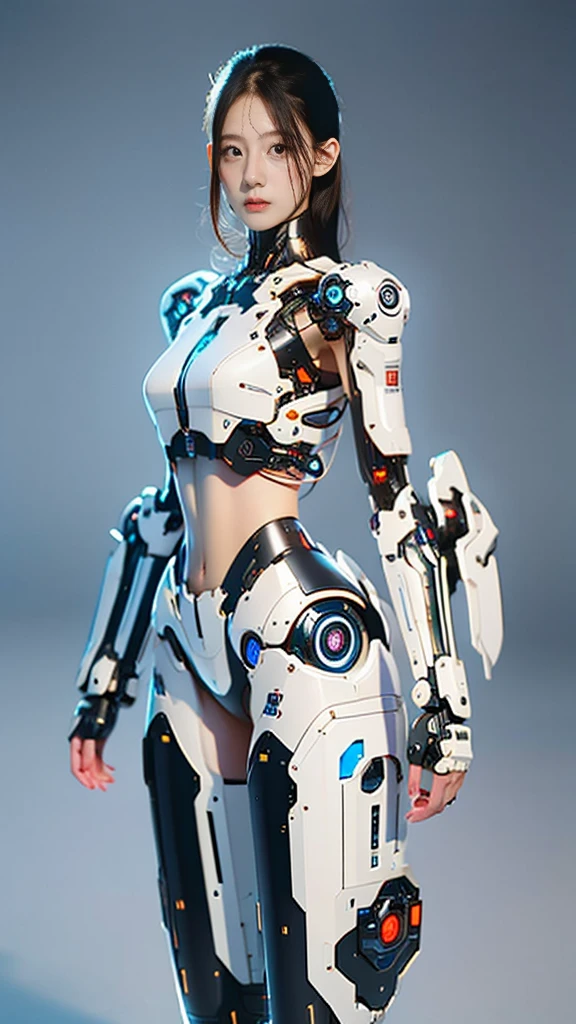 {{best quality, 1080P, Masterpiece, Ultra high resolution, photorealistic, ultra realism, Realistic skin texture, Extreme skin detail, dslr, Detailed eyes, Facing the camera, very beautiful face, Concise facial structure, Pale skin, Realistic skin texture, Extreme skin detail, oc render reflection textures, Realistic light and shadow, Single picture, alone, The body is slim and balanced., Age 20, Height 170, naked girl, Nude, no underwear, A girl with the body of a mechanical robot., Transparent futuristic black glass mech armor suit, The mechanical cervix is attached to the neck., The robot circuit is stuck in the middle of the back., flat stomach, Woman with perfect robot arms and legs, full body view, Whole body photo.}}
