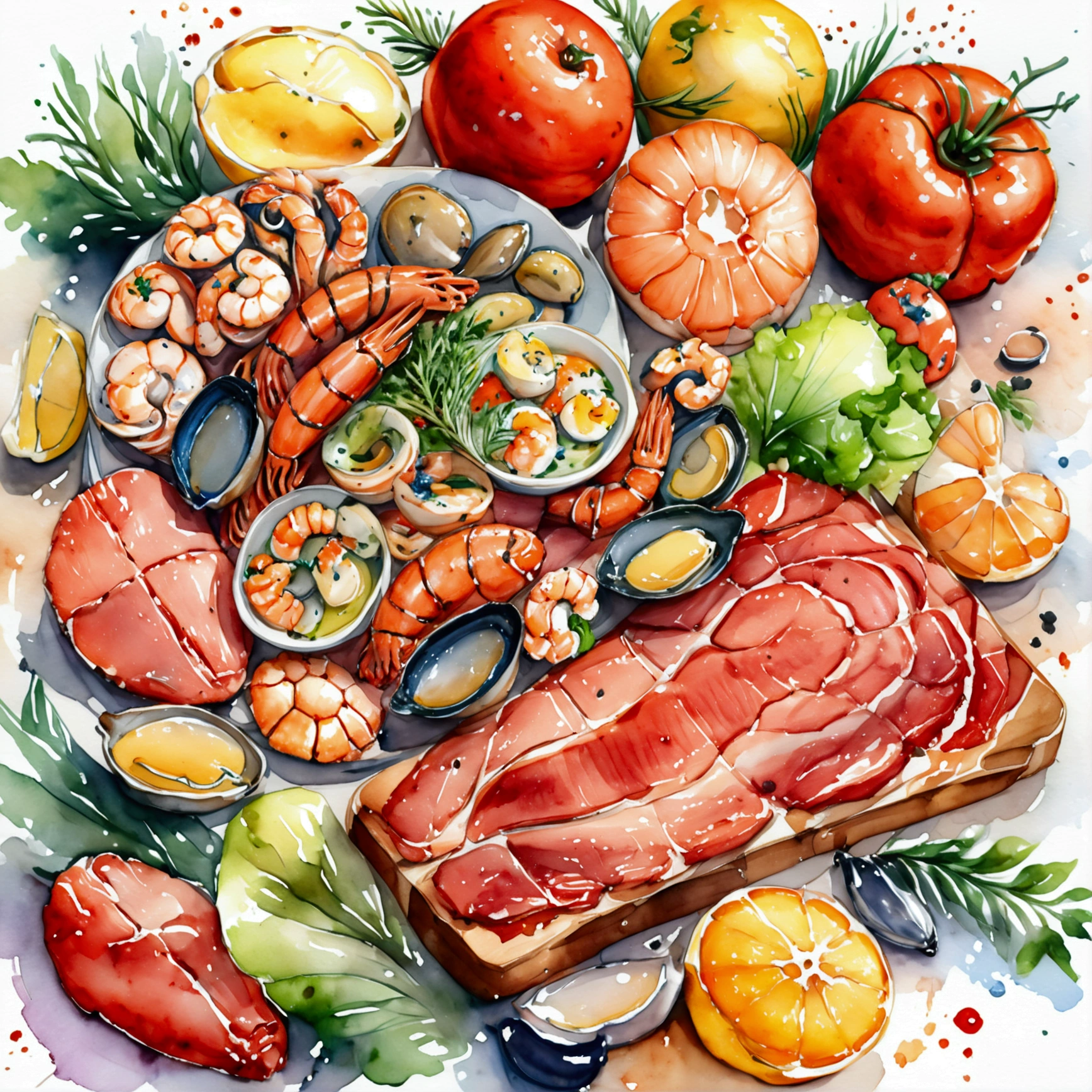 modern meat and seafood food stall of healthy food, illustration, isolated with solid white background, surrounded with negative space, centered composition, 8k, highest detailed painting, very precise painting, Isolated, clear solid white background, perspective angle of view, cartoon style, ((watercolor:1)), clip art, (lora:add-detail-xl:1), (masterpiece), (best quality),