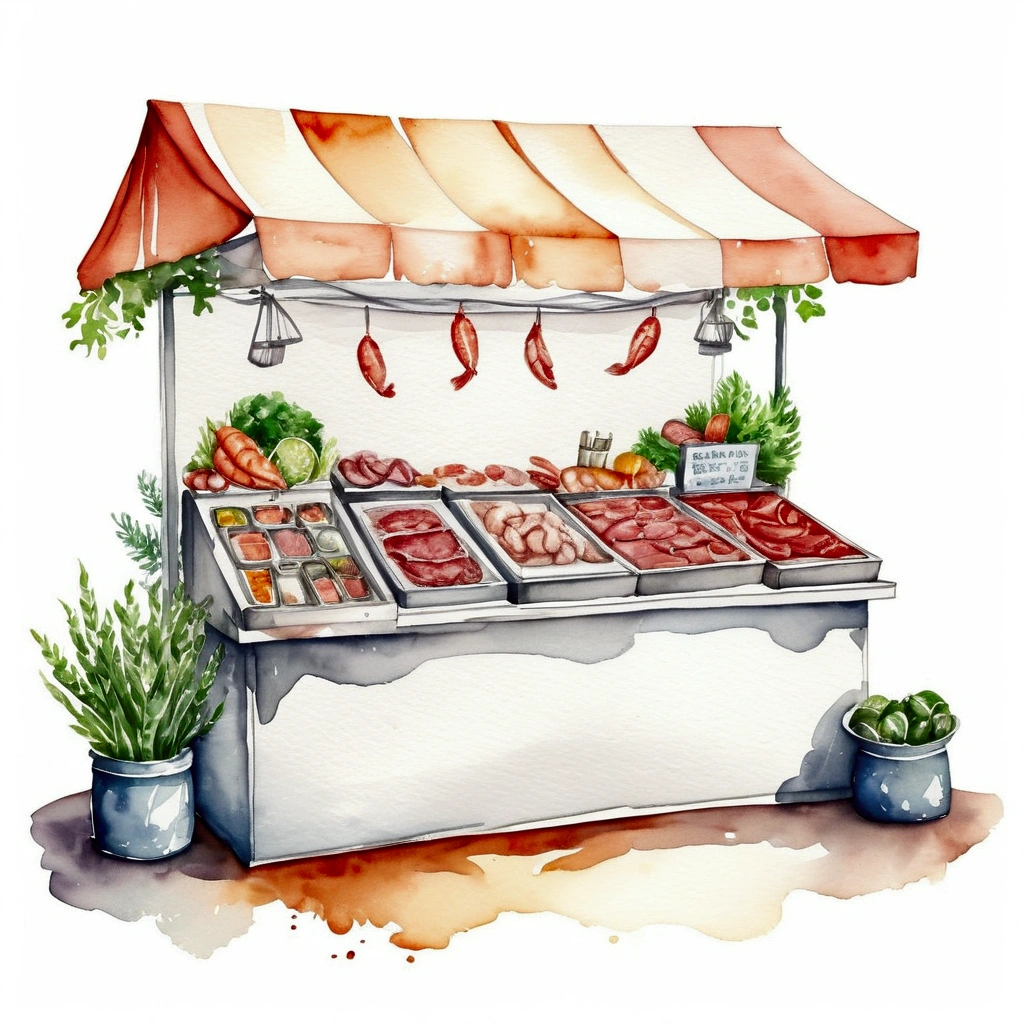 modern meat and seafood food stall of healthy food, illustration, isolated with solid white background, surrounded with negative space, centered composition, 8k, highest detailed painting, very precise painting, Isolated, clear solid white background, perspective angle of view, cartoon style, ((watercolor:1)), clip art, (lora:add-detail-xl:1), (masterpiece), (best quality),