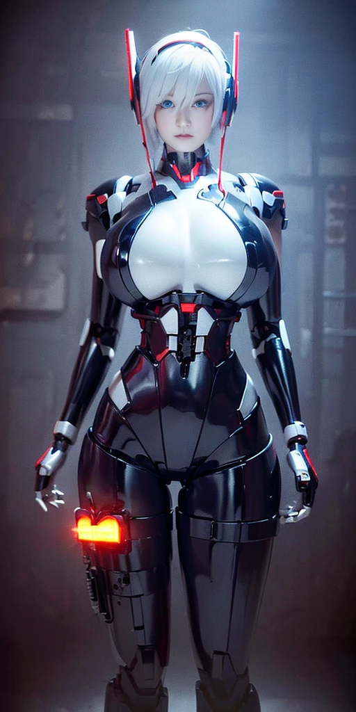 (1GIRL, alone, 独奏), (super detailed face), (Black Long Hair:1.2), (BIG BUTTOCKS, 11 LINE ABS, CLEAVAGE, HUGE FAKE BREASTS:1.5), (MECHA GUARD ARM:1.3), (A girl wearing sexy clothing，scantily clad，Whit cyberpunk sexy maillot，tight clothing，maillot，tight，fitting closely，High slit tight fitting clothing，Glowing eyes，Gloves，（A huge chest：1.4）,Large area of skin，The only person，lackluster in one's eyes，A cold expression，White woman，mechanical artificial limb,Mechanical neck，mechanical high heel stiletto boots, Slim waist, Wide hips，High target，Full body portrait，完美的woman身体，woman形象，High-tech laboratory，woman，a voluptuous figure，Mechanical joints，Cyberpunk，Half of the chest is not covered，Thigh gap， Ceramic material，Hollow waist，Facing the audience，very short shaved hair，White hair，crew cut，tomboy， giant breasts, giant ass, very curvy, shiny silver hair, bright blue coloured eyes, cyborg, robotic arms，mechanical parts，Bare thighs，Sexy clothing，Mechanical headphones，Expose buttocks,Bare waist，Large area skin exposure， MECHA GUARD ARMOR LEGS, HIGH HEELS:1.5), (THICC MUSCULAR FEMALE BODY, SEXY LONG LEGS:1.1), (LOOKING AT VIEWER:1.3), (female focus:0.886),(BRIGHT LIGHTING:1.5), ULTRA HIGHT DEFINITION,Whit，highleg leotard，cyborg，cyberpunk