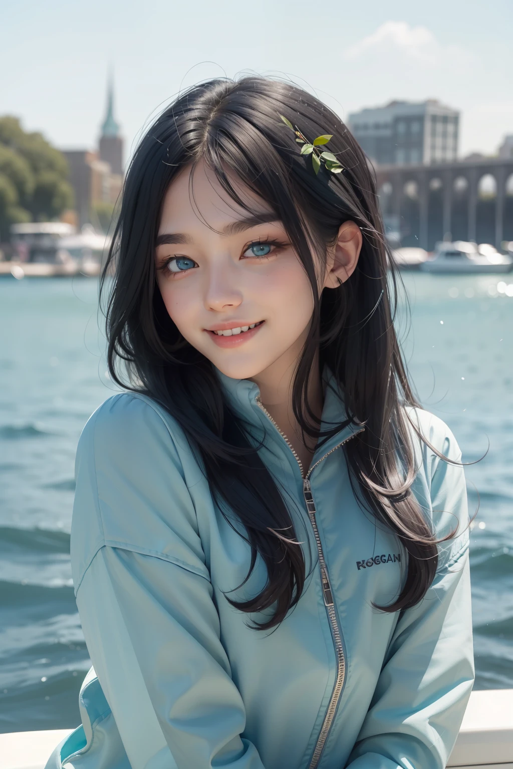long straight black hair, greenish blue eyes, small mouth, small-nose, attractive and contagious smile, Sweet and shy, regatta
