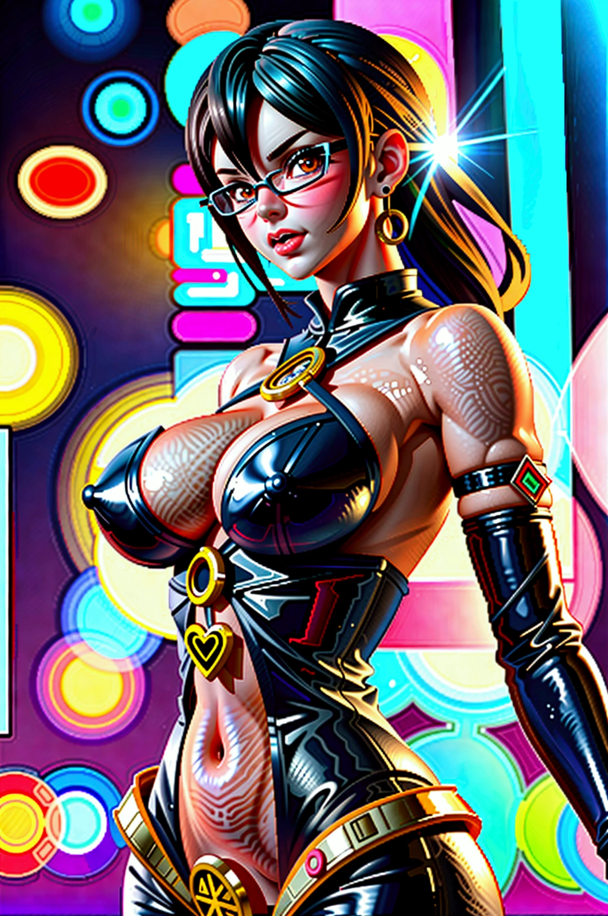 busty bimbo bayonetta, sexy pose, (((bayonetta))), (sexy facial features), (bayonetta body shape), glossy eyes, glamorous, winking ((beautiful)), smooch lips, sexy, ((hyper sexualized)), raunchy, hourglass body, ((sexy)), spear, ((perfect)), (feminine), detailed bayonetta outfit, sexy hips, voluptuous round juicy breasts, underboob, voluptuous round strong ass, strong thighs, hip cleavage, full shapely body, curvy, jewelry, vibrant aura, smooth shiny skin, (sexy lighting), city skyline background, smooth clean lines, ultra textured, highest resolution, maximum quality, max detail, vivid colors, max texture, energetic composition, dramatic lighting, crystal clear, depth perspective, high contrast, seamlessly blended, photorealistic, chromatic aberration, subpixel precision, bokeh effect depth art, anamorphic perspective, hdr high dynamic range, spectral color graded, photometric lighting, motion lines