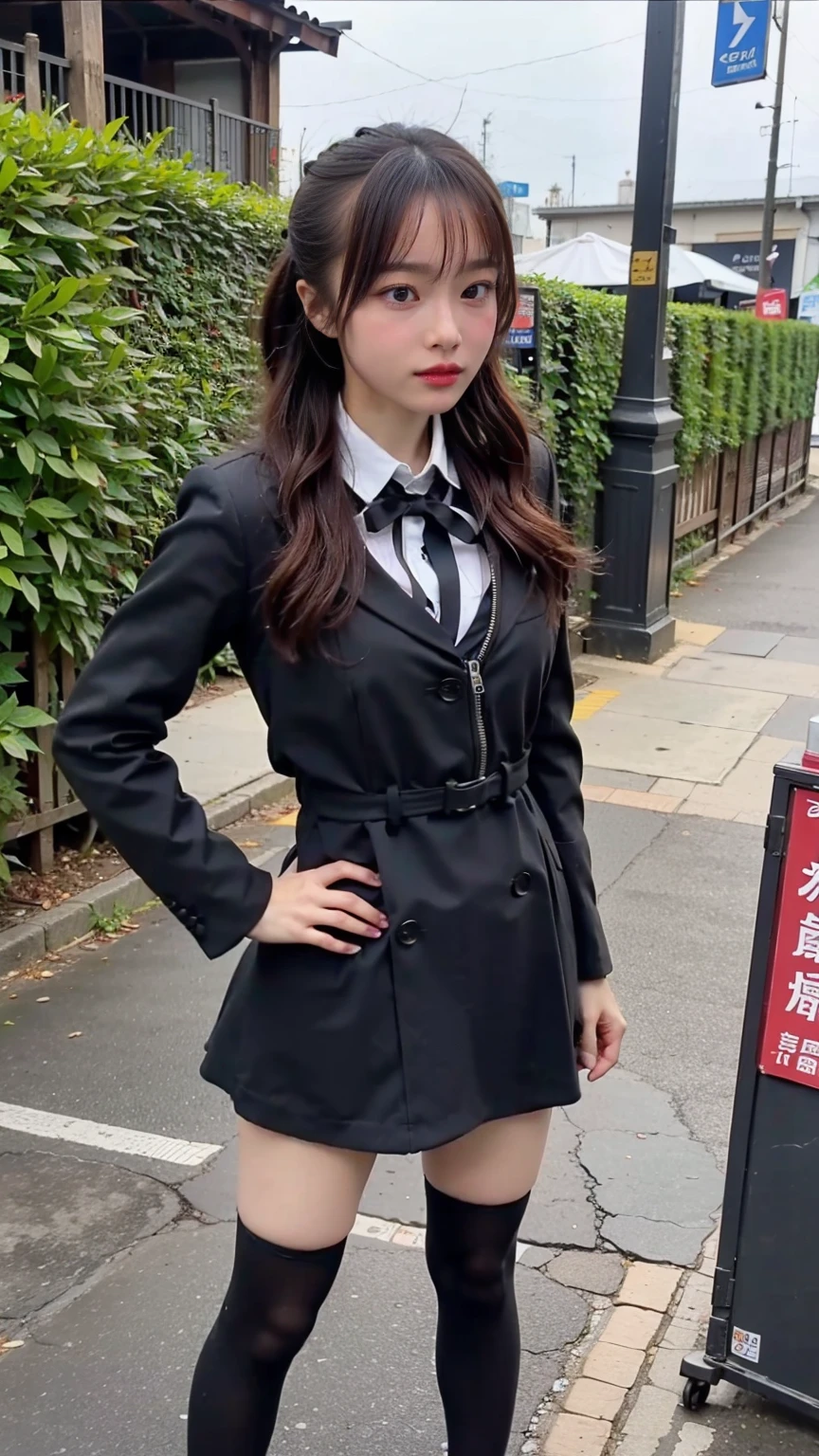 (8K、RAW Photos、Highest quality、masterpiece:1.2)、(Highest quality、Realistic)、1 Girl、((Black coat、Big Breasts、tights、black and white mini skirt、Thin legs、whole body、boots、garden、View from the front、Looking into the camera、Idol Costume、、Stand with hands on hips))、cute