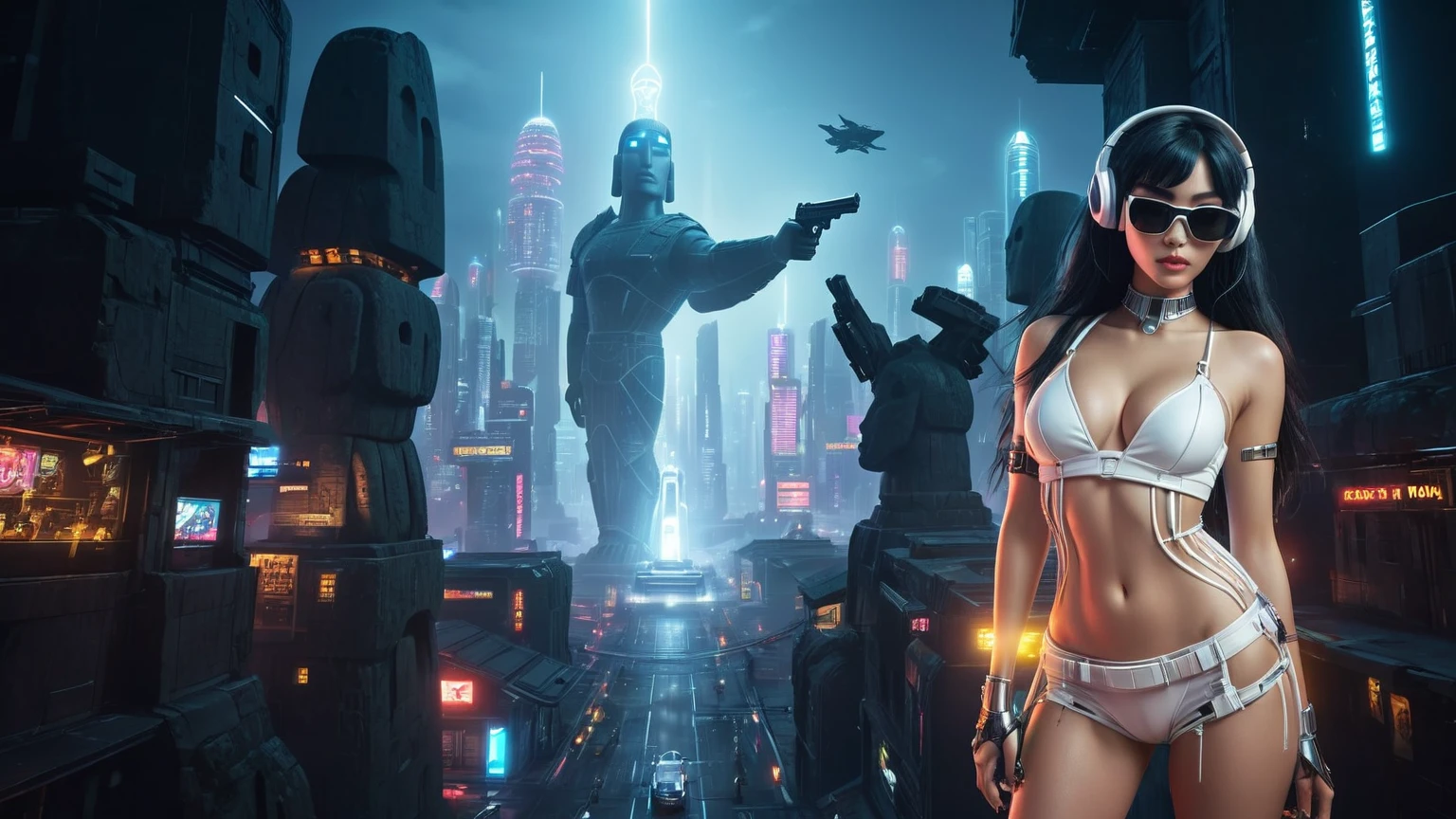 At night, dark sky, distant shot aerial view of fantasy cyberpunk style ((Moai-statue)) city, ((flying vehicle)). ((1girl, solo, alone)), medium-breast:1.1 slim body, cleavage, sexy clothes, (headphone, black sunglasses, long black realistic hair), (((hip-up standing and holding pistol))), half-body thigh level medium shot, cinematic lighting.
