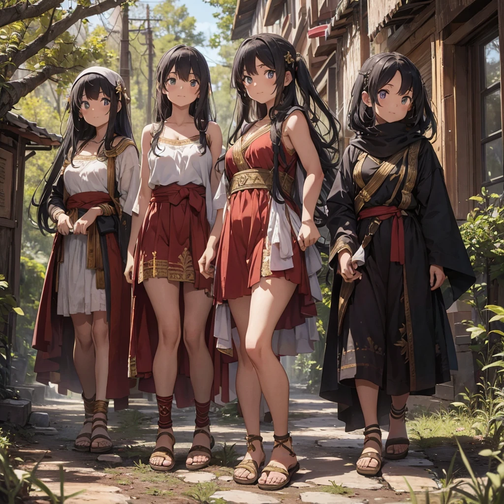 young greek warriors girls in togas , only girls , forest in the background , sandals ,