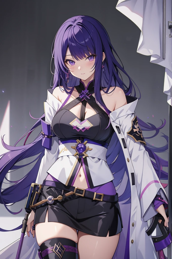 anime girl with purple hair and black clothes standing in front of a white background, ayaka genshin impact, seductive anime girl, ayaka game genshin impact, badass anime 8 k, female action anime girl, portrait knights of zodiac girl, best anime 4k konachan wallpaper, keqing from genshin impact, female anime character, anime moe artstyle, one eye completely covered by hair