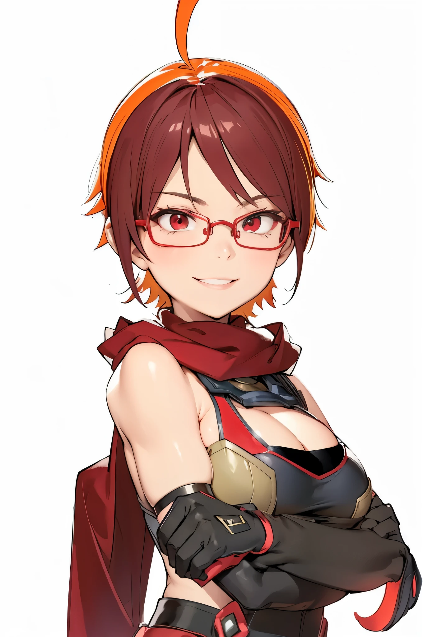 beautiful girl,older sister,Arms crossed,Black Gloves,Red frame glasses,Fearless smile,Red scarf,Put your chest close,,4K,8K,Highest quality