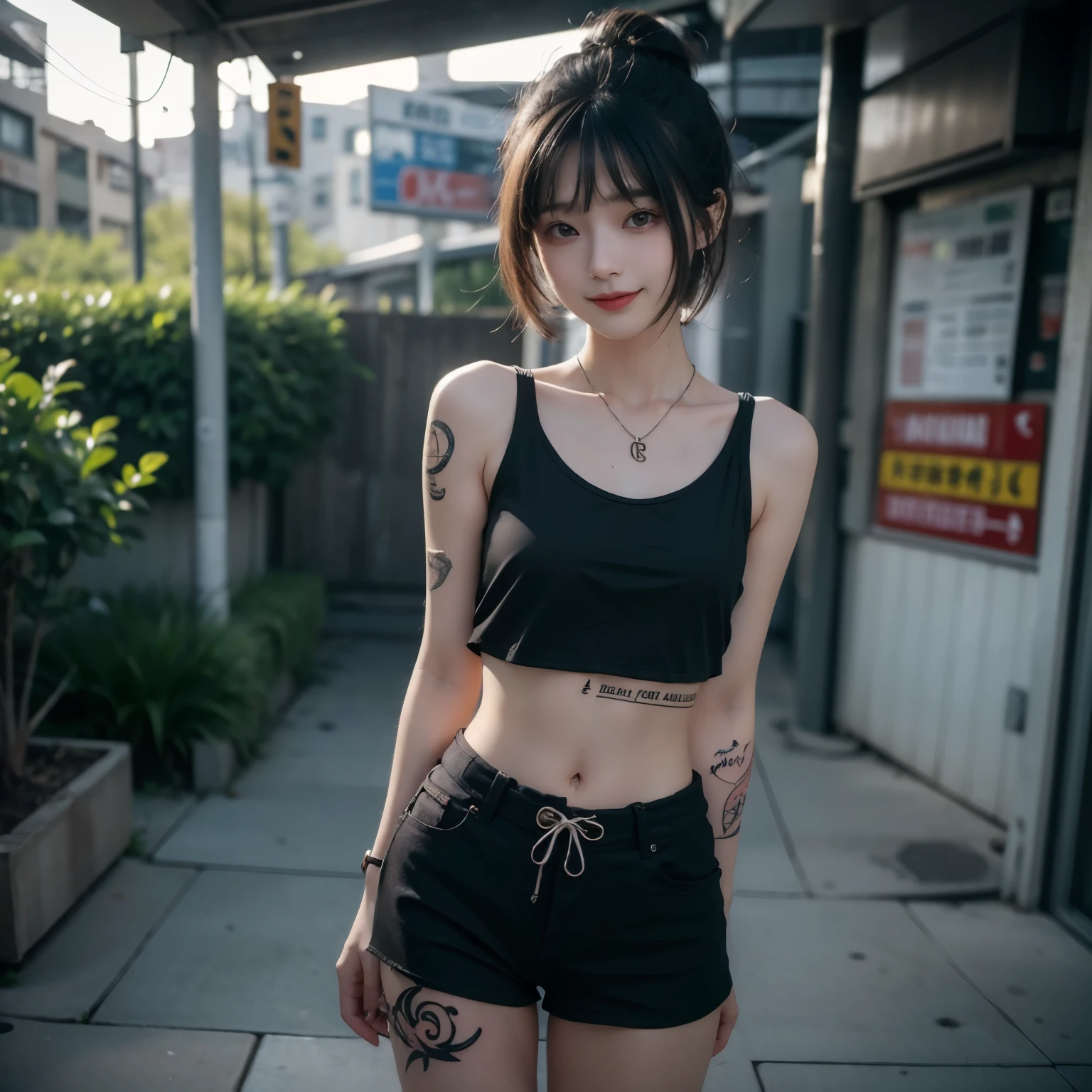 (night, Soft lighting, Highest quality, 8K, masterpiece, RAW Photos: 1.3) close-up portrait of woman with tattoo arms and top, ((tattoo body young girl, ink, tattoo, tattoo body:1.2)), 2 4-year-old female model, (black short t-shirt and mini skirt slit,) light brown hair, neckless, body piercing, short bob hairstyle, Half naked, Disheveled clothing, tattoo, Wearing a sexy crop top, Sexy girl in shorts, Tight waist, beautiful abdomen, ever small midriff, Very detailed, Intricate details, Very detailed face and skin, Under boob, The body is slim, Fine grain, Realistic, compensate, intellectual, Fascinating, Beautiful standing posture, small, in city, Invincible Smile, full body