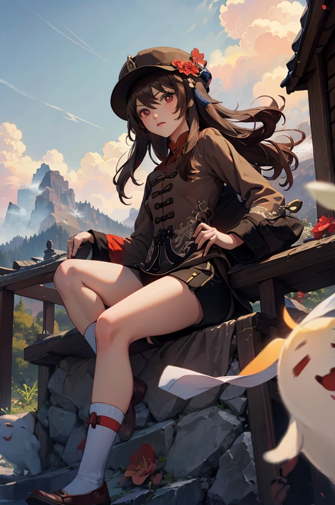 1 girl solo, brown jacket, long brown hair, red eyes, brown hat with red flowers, in a small medieval chinese town, old chinese buildings, mountains far on background, chinese temple