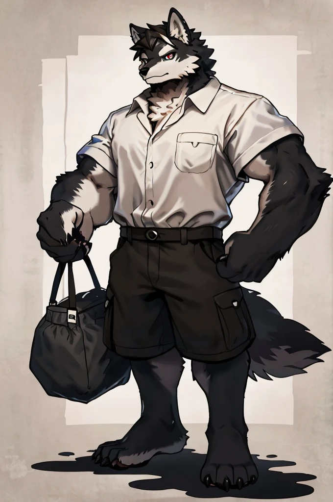 (Strong arms),(Strong legs),masterpiece, best quality, Official Art, Extremely detailed CG unified 8k wallpaper, Ultra Detailed, Best Illustration, , Ink fur, hairy male, Wolf Boy, hairy, Ink fur, 1 Boy,, male focus,, Striped hair, Wolf ears, Animal ears, Single speaker, Ink fur, Bangs, dark hair, White highlights, Medium Hair, Solitary, Ink tail,hairy尾巴,(Black pupil),High target,(campus),,barefoot,(Sexy),((High target and strong)),side,(Delicate eyes:1.2),Inky eyes,male,Solitary,(Inky pupils),(Detailed face),(Sharp eyes),Permanent,(Detailed hands),(Foot details),aldult,type,Moderate,Long legs,(Detailed fingers),(Delicate eyes),(White shirt),(Black shorts),easy,(Big Bag:1.5)