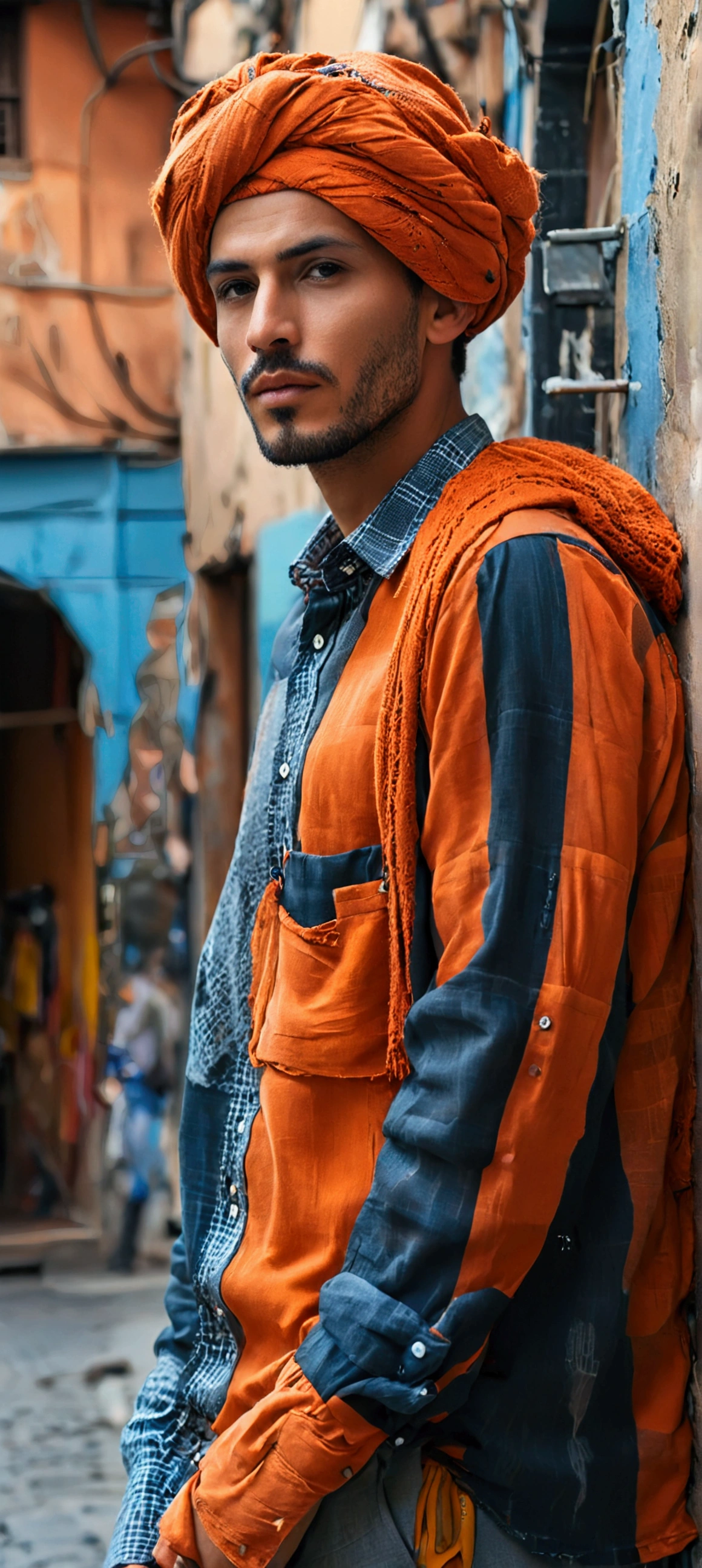 Moroccan man in a checkered shirt and gray trousers stands on a city street, gray and blue colors, masculinity, high-fashion, Shirt sleeves are not rolled up, and straight.Black sleeve cuffs. Men's fashion, modern fashionable outfit, a man walks through the city, gray-orange, orange and black tones, style by Greg Rutkowski, modern casual wear, cool style, Dressed in men's clothing from the 1970s, casual modern clothing, realistic, portrait of a man,AI language model, short hair, smart, energetic, cheerful, creative,