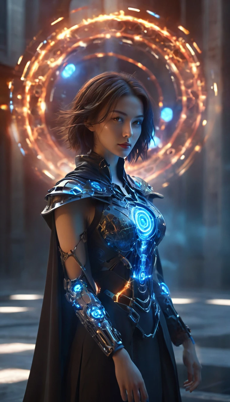 magic circle,magic array,magic circles,magic array,1girl,mecha,black,cloak,dark style,ultra wide,octane render masterpiece,beautiful depth of field,ultra wide field,ultra detailed CG perspective,ultra dynamic lighting amazing shadows,cityscape,hell,blue fluorescence,