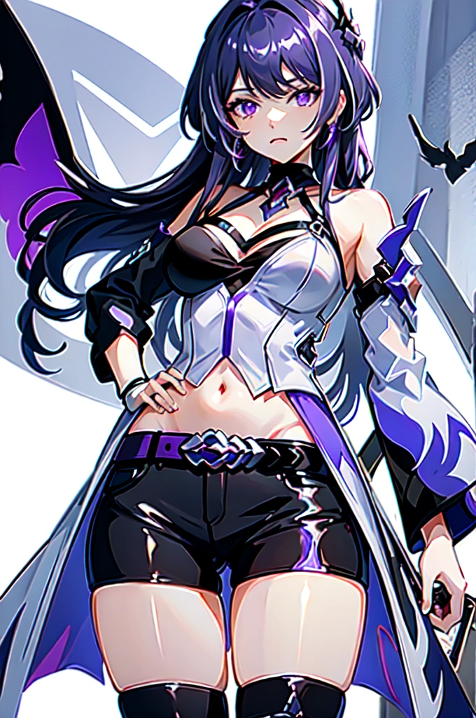 acheron, 1girl, solo, purple hair, purple eyes, hair over one eye, white acheron outfit, standing, facing viewer, hand on hip, . hair ornament, white background:1.2,