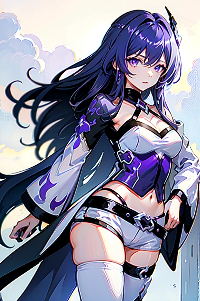 acheron, 1girl, solo, purple hair, purple eyes, hair over one eye, white acheron outfit, standing, facing viewer, hand on hip, . hair ornament, white background:1.2,