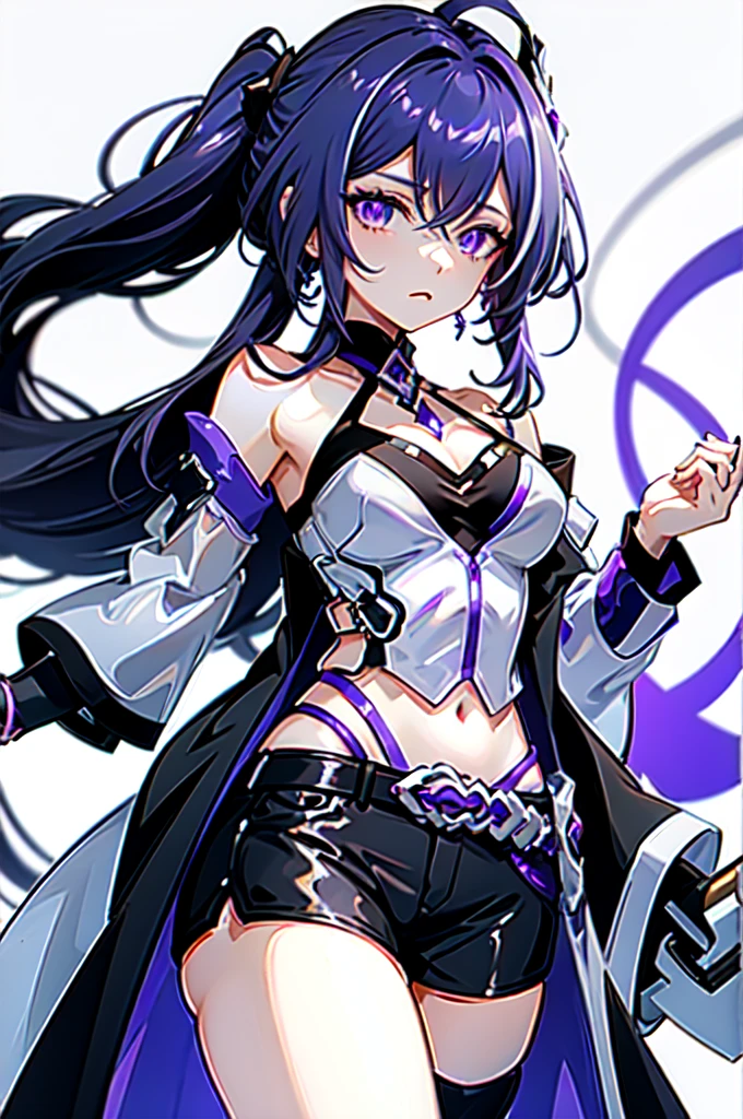 acheron, 1girl, solo, purple hair, purple eyes, hair over one eye, white acheron outfit, standing, facing viewer,  hand on hip,  . hair ornament, white background:1.2,