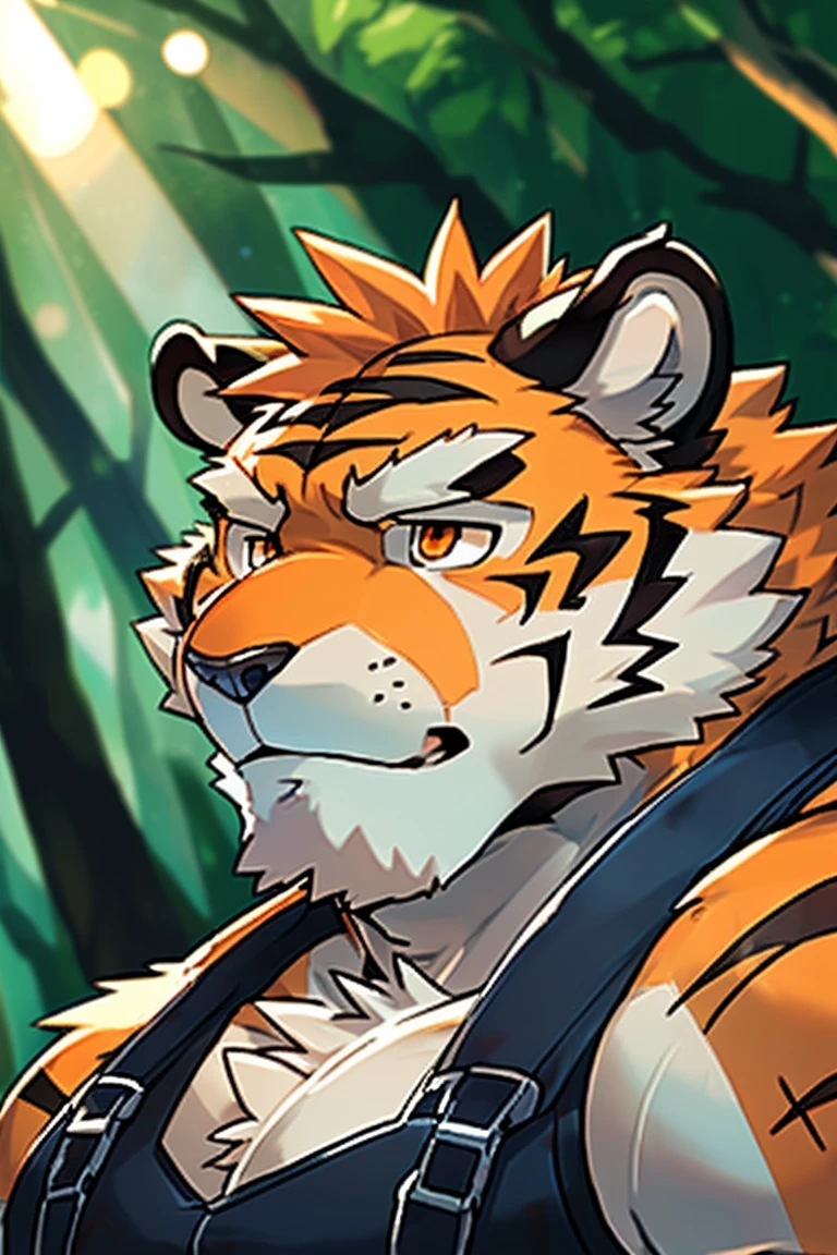 human nature, Wildlife, male,36 years old，Uncle， solitary, ((Round Face, The face is plump,Orange eyes,Thick orange hair，With scars)), ((Endomorph, Handsome，Hot Blood)), （Mecha suit，No electricity，exhaustion), ((domestic tiger, tiger，) Fluffy fur, Fluffy), Bokeh, (high quality, high resolution, masterpiece), (Dynamic Lighting, Vibrant colors), (Revitalize，harm，Disdain), Full body picture (close up), cartoon, author：Takemoto Arashi, From zixiong, By Chunni, author：Empty Ghost，（background：Rainy forest）