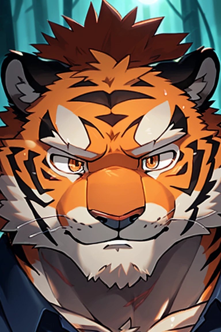 human nature, Wildlife, male,36 years old,Uncle, solitary, ((Round Face, The face is plump,Orange eyes,Thick orange hair,With scars)), ((Endomorph, Handsome,Hot Blood)), (Mecha suit,No electricity,exhaustion), ((domestic tiger, tiger,) Fluffy fur, Fluffy), Bokeh, (high quality, high resolution, masterpiece), (Dynamic Lighting, Vibrant colors), (Revitalize,harm,Disdain), Full body picture (close up), cartoon, author:Takemoto Arashi, From zixiong, By Chunni, author:Empty Ghost,(background:Rainy forest)