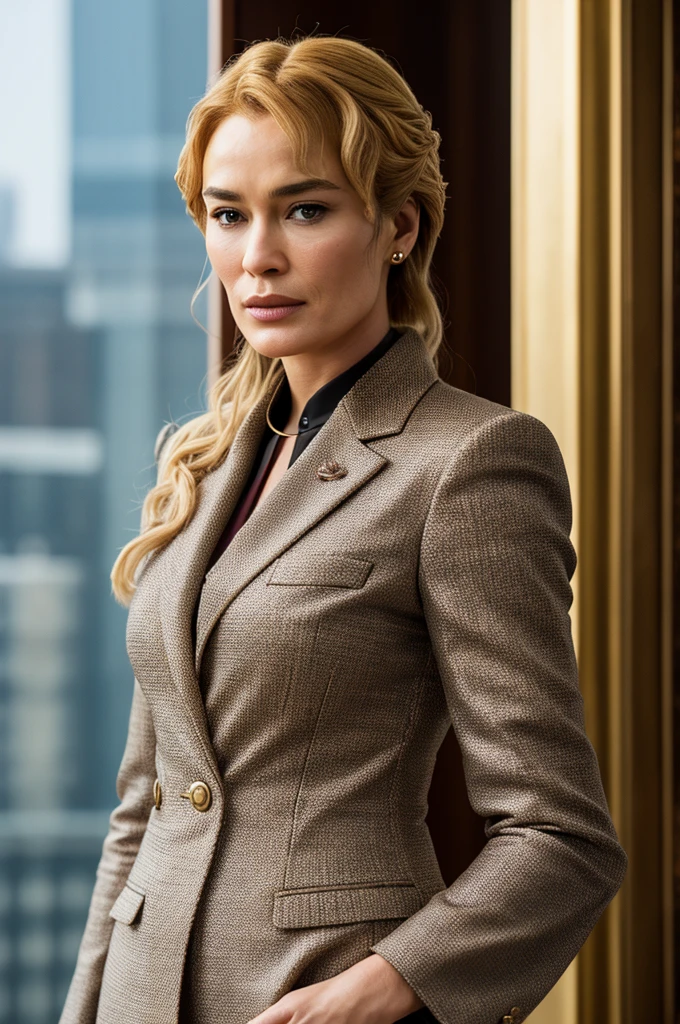 otherworldly beautiful Cersei Lannister, modern stylish CEO, corporate woman, elegant professional hairstyle, three-piece suit, luxurious corporate office, detailed textures, sharp focus, ultra-high pixel detail, 16k RAW footage, masterpiece