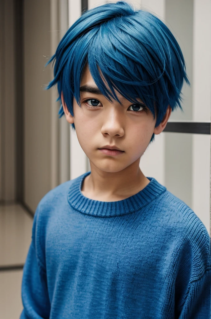 Anime boy blue hair, Sweater serious face looking down at us