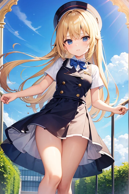 10 year old girl、uniform、Blonde、Standing with your legs apart、Confident々Expression、Background is blue sky