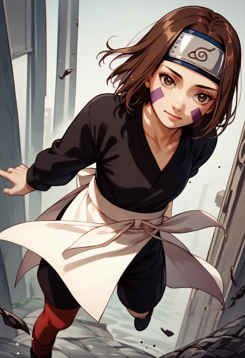 score_9, score_8_up, score_7_up, source_anime, 1girl, nohara rin, short hair, brown hair, brown eyes, purple facial mark, black shirt, long sleeves, white apron, black shorts, forehead protector, red thighhighs, full body