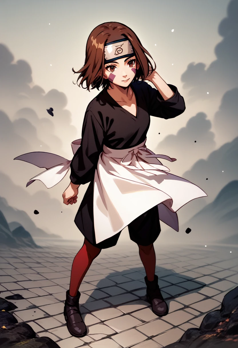 score_9, score_8_up, score_7_up, source_anime, 1girl, nohara rin, short hair, brown hair, brown eyes, purple facial mark, black shirt, long sleeves, white apron, black shorts, forehead protector, red thighhighs, full body