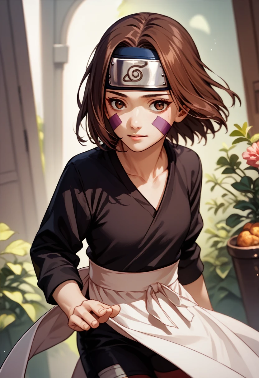 score_9, score_8_up, score_7_up, source_anime, 1girl, nohara rin, short hair, brown hair, brown eyes, purple facial mark, black shirt, long sleeves, white apron, black shorts, forehead protector, red thighhighs, full body