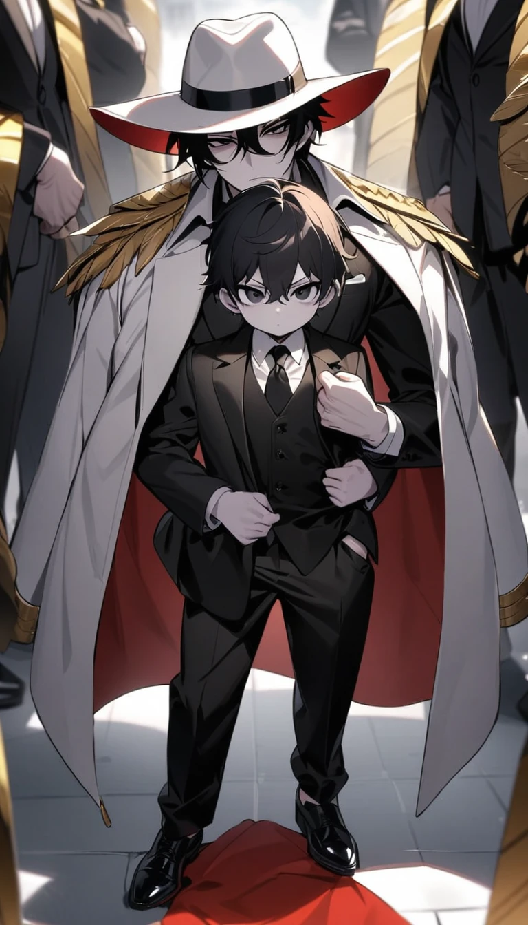Masterpiece, children, boys, pale skin, black eyes, black hair, white shirt, black suits, black trousers, black shoes, white long jacket with gold bars on the shoulders, black short robe with feathers, black and white fedora hat, red riversible stole, sharp gaze, he was a mafia boss