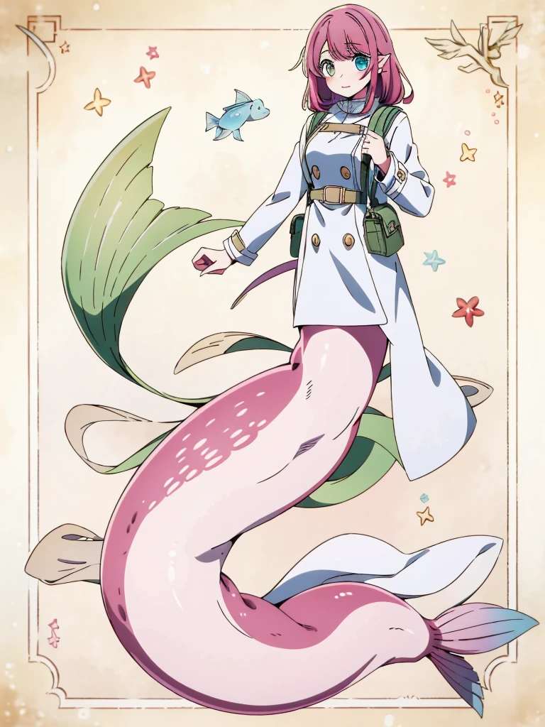 (mermaid:1.0), full body, masterpiece, best quality, 1girl, ,looking at viewer, tall, solo,military,tactical coat,belt,backpack,saddle bag, fins, under the sea,