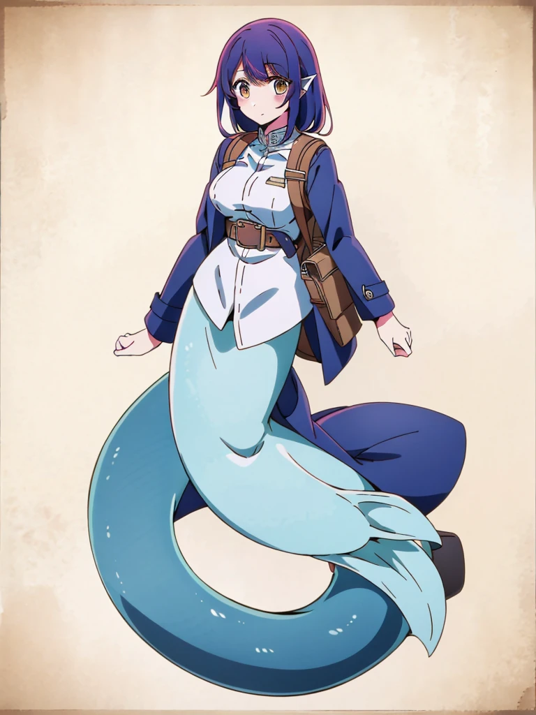 (mermaid:1.0), full body, masterpiece, best quality, 1girl, ,looking at viewer, tall, solo,military,tactical coat,belt,backpack,saddle bag, fins, under the sea,