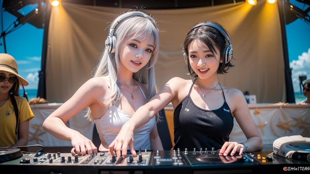 (ultra - detailed, 16K resolution, Cinema lenses, rendering by octane), (high resolution:1.18), intricate detail, (masterpiece:1.1), (highest quality:1.1), (1girl, portrait, white hair, blue eyes, short hair, detailed eyes),Wearing silver DJ headphones, sequined T-shirt, (in the beach:1.5), (Iconic hip-hop pop costumes:1.3), Smile while DJing on stage, DJ studio next to the beach, ((A stylish DJ stage on a hill overlooking the beach)), full body shot, Photorealistic photography by Sunshine, (cute round face:1.3), perfect fingers, five fingers, beautiful hands, perfect hands. master peace, cute smile.