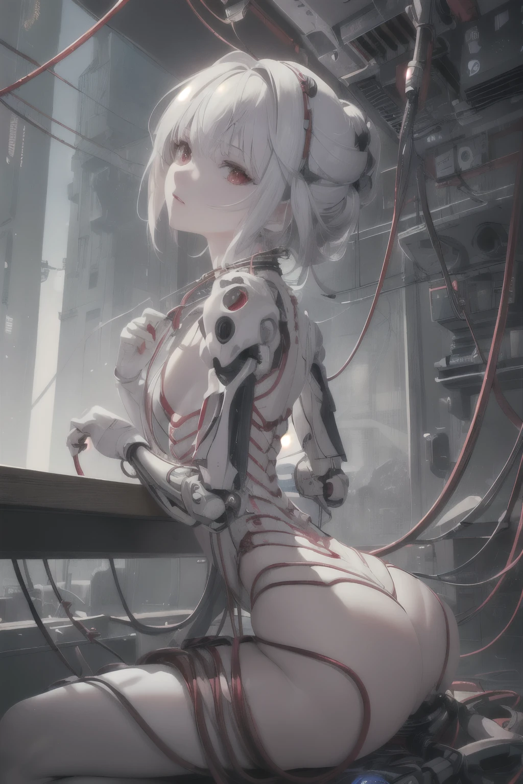 ((((masterpiece))), ((best quality))), ((ultra-detailed)), (CG illustration), ((an extremely delicate and beautiful)),(from side),cinematic light, ((1 mechanical girl)), single, full-body, (machine-made joint: 1.2), ( (mechanical limbs)), (blood vessels connected to tubes), (mechanical spine connected to back), ((mechanical cervical vertebrae attached to neck)), (sitting), forced laughter, (wires and cables around the neck: 1.2), (wires and cables on the head: 1.2) (character focus), sci-fi, extremely thin, colored, the finest white hair, red eyes, in battle, (knotted), (killing), (1 immortal)