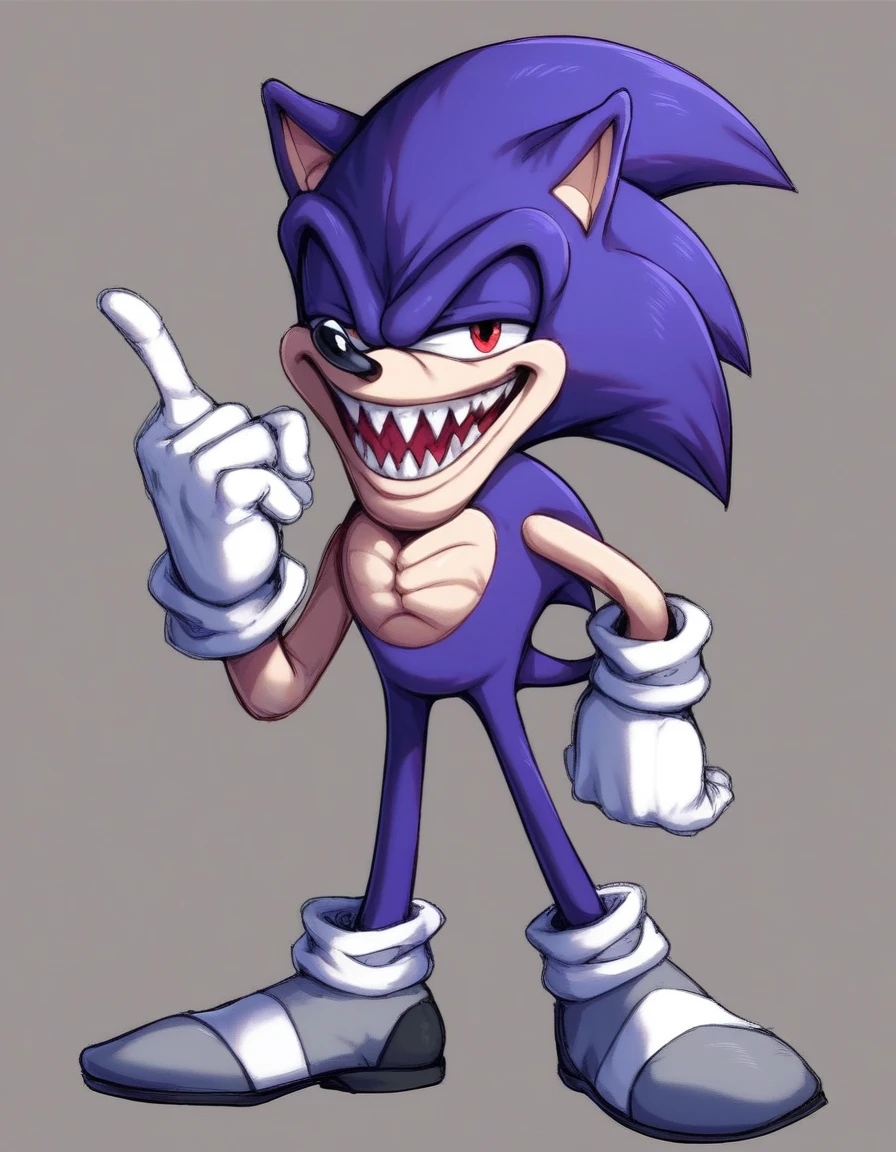 oga, solo, looking at viewer, smile, open mouth, simple background, red eyes, gloves, 1boy, animal ears, blue-ish purple hair, standing, tail, full body, male focus, shoes, teeth, socks, white gloves, hand up, happy, sharp teeth, spiked hair, index finger raised, furry, colored sclera, furry male, body fur, animal nose, sonic the hedgehog X on chest, long arms, scary eyes, grey shoes, white skin