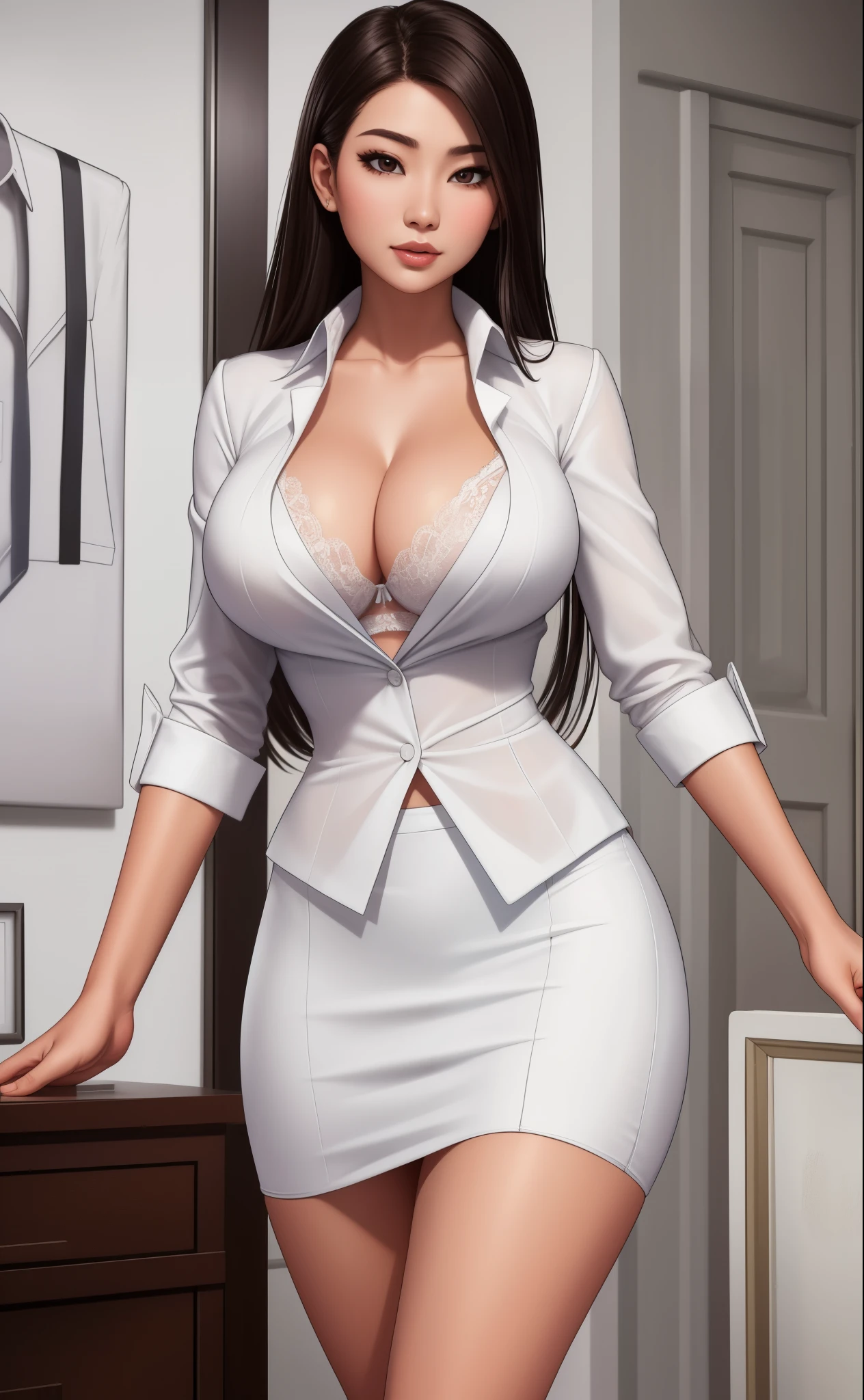 white silk shirt, deep v neck, business suit, red lace bra, pencil skirt, Asian woman