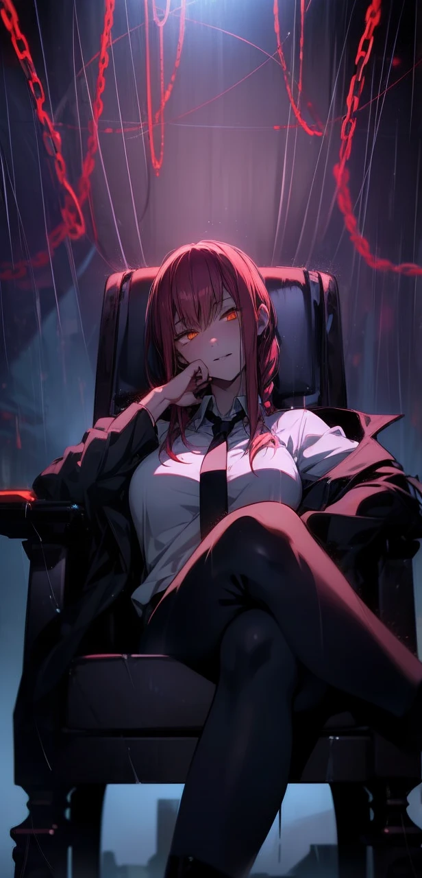 Makima, ringed eyes, light-red hair, braided ponytail, bangs, ((glowing yellow eyes)), sidelocks, long hair, white polo uniform, 1girl, black leggings, sitting on the chair, elegant black chair, solo, bangs, red glowing chains in the background, looking_at_viewer, shadow, smirking, legs crossed, (shaded face:1.2), hollow eyes, ringed eyes, yellow eyes, looking at viewer, heavy breathing, seductive smile, lips, hood, "glow effects, godrays, Hand drawn, render, 8k, octane render, cinema 4d, blender, dark, atmospheric 4k ultra detailed, cinematic, Sharp focus, big depth of field, Masterpiece, colors, 3d octane render, 4k, concept art, trending on artstation, hyperrealistic, Vivid colors, extremely detailed CG unity 8k wallpaper, trending on CGSociety, Intricate, High Detail, dramatic"