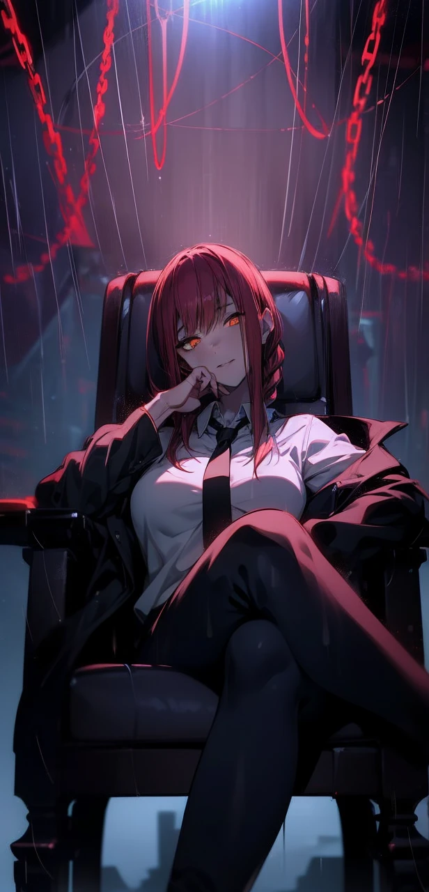 Makima, ringed eyes, light-red hair, braided ponytail, bangs, ((glowing yellow eyes)), sidelocks, long hair, white polo uniform, 1girl, black leggings, sitting on the chair, elegant black chair, solo, bangs, red glowing chains in the background, looking_at_viewer, shadow, smirking, legs crossed, (shaded face:1.2), hollow eyes, ringed eyes, yellow eyes, looking at viewer, heavy breathing, seductive smile, lips, hood, "glow effects, godrays, Hand drawn, render, 8k, octane render, cinema 4d, blender, dark, atmospheric 4k ultra detailed, cinematic, Sharp focus, big depth of field, Masterpiece, colors, 3d octane render, 4k, concept art, trending on artstation, hyperrealistic, Vivid colors, extremely detailed CG unity 8k wallpaper, trending on CGSociety, Intricate, High Detail, dramatic"