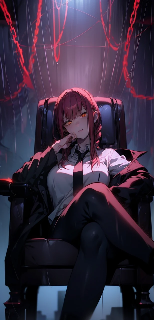 Makima, ringed eyes, light-red hair, braided ponytail, bangs, ((glowing yellow eyes)), sidelocks, long hair, white polo uniform, 1girl, black leggings, sitting on the chair, elegant black chair, solo, bangs, red glowing chains in the background, looking_at_viewer, shadow, smirking, legs crossed, (shaded face:1.2), hollow eyes, ringed eyes, yellow eyes, looking at viewer, heavy breathing, seductive smile, lips, hood, "glow effects, godrays, Hand drawn, render, 8k, octane render, cinema 4d, blender, dark, atmospheric 4k ultra detailed, cinematic, Sharp focus, big depth of field, Masterpiece, colors, 3d octane render, 4k, concept art, trending on artstation, hyperrealistic, Vivid colors, extremely detailed CG unity 8k wallpaper, trending on CGSociety, Intricate, High Detail, dramatic"